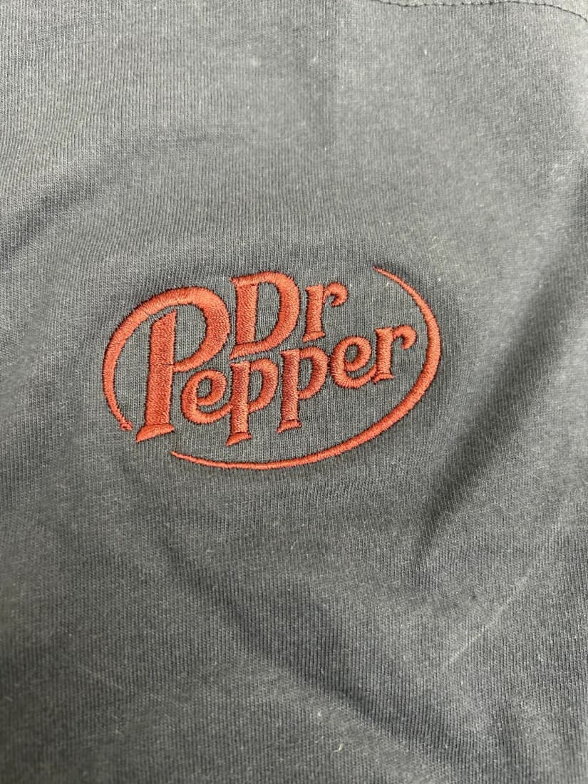 Dr Pepper left-chest embroidery on charcoal