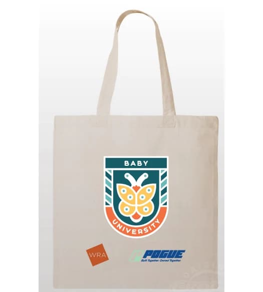Baby University canvas tote, WRA and Pogue logos