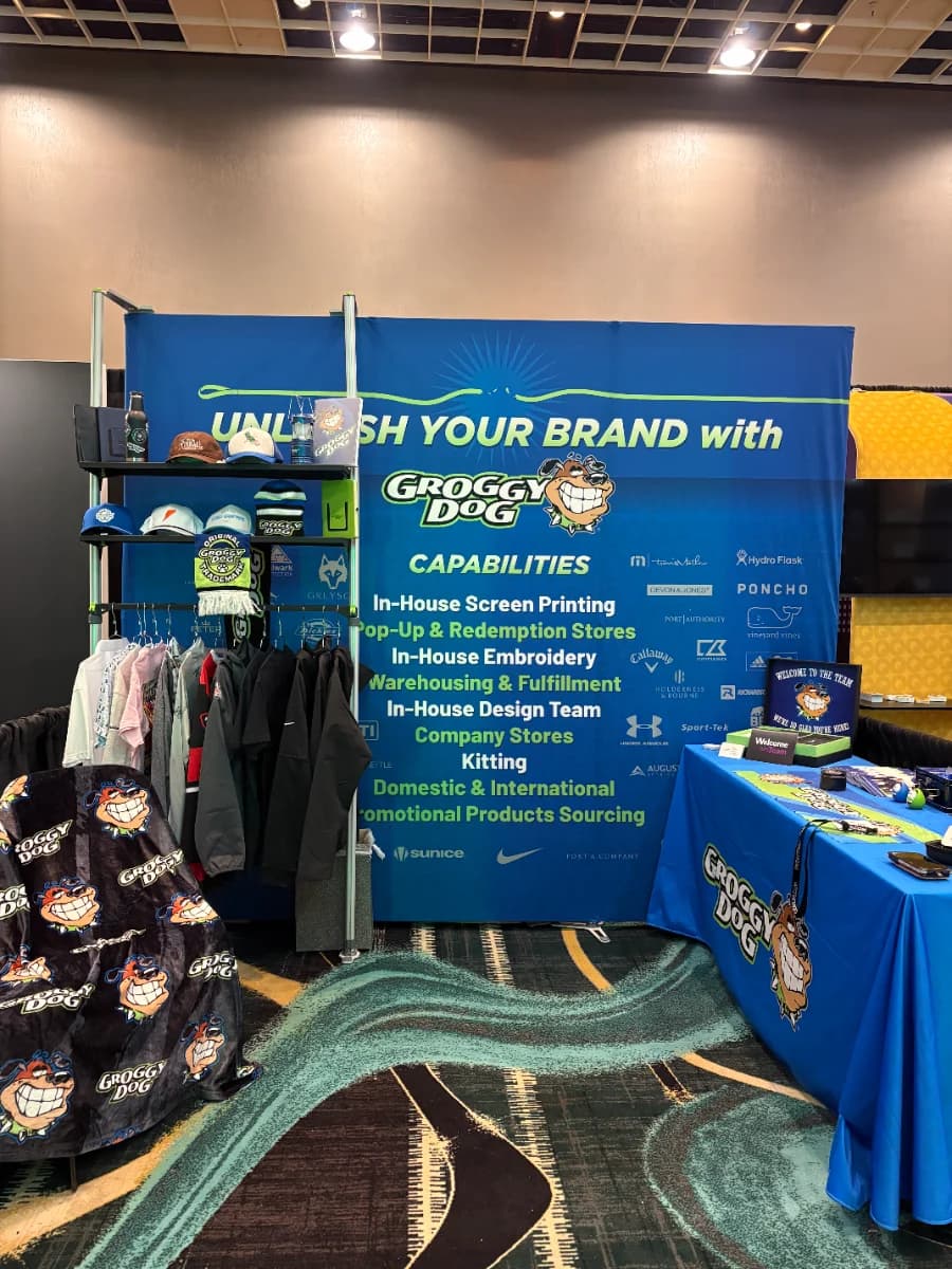 Groggy Dog trade-show booth backdrop and table throw